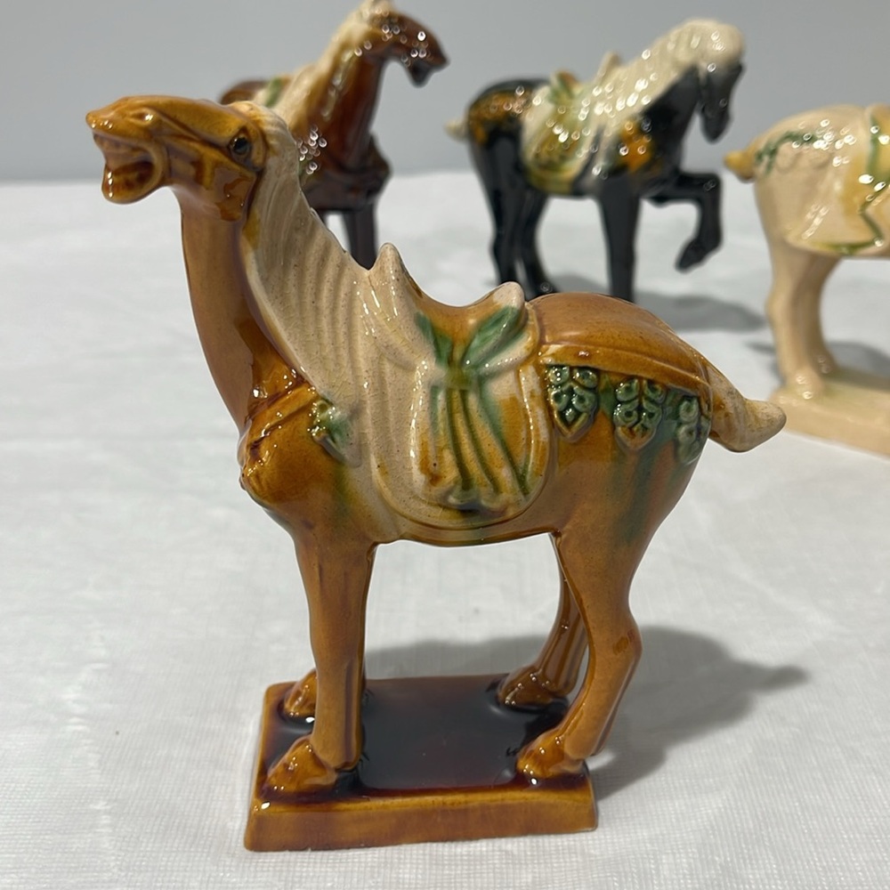 Vintage Chinese Tang Dynasty Majolica Sancai Drip Glaze War Horses set of 6 - Picture 7 of 16